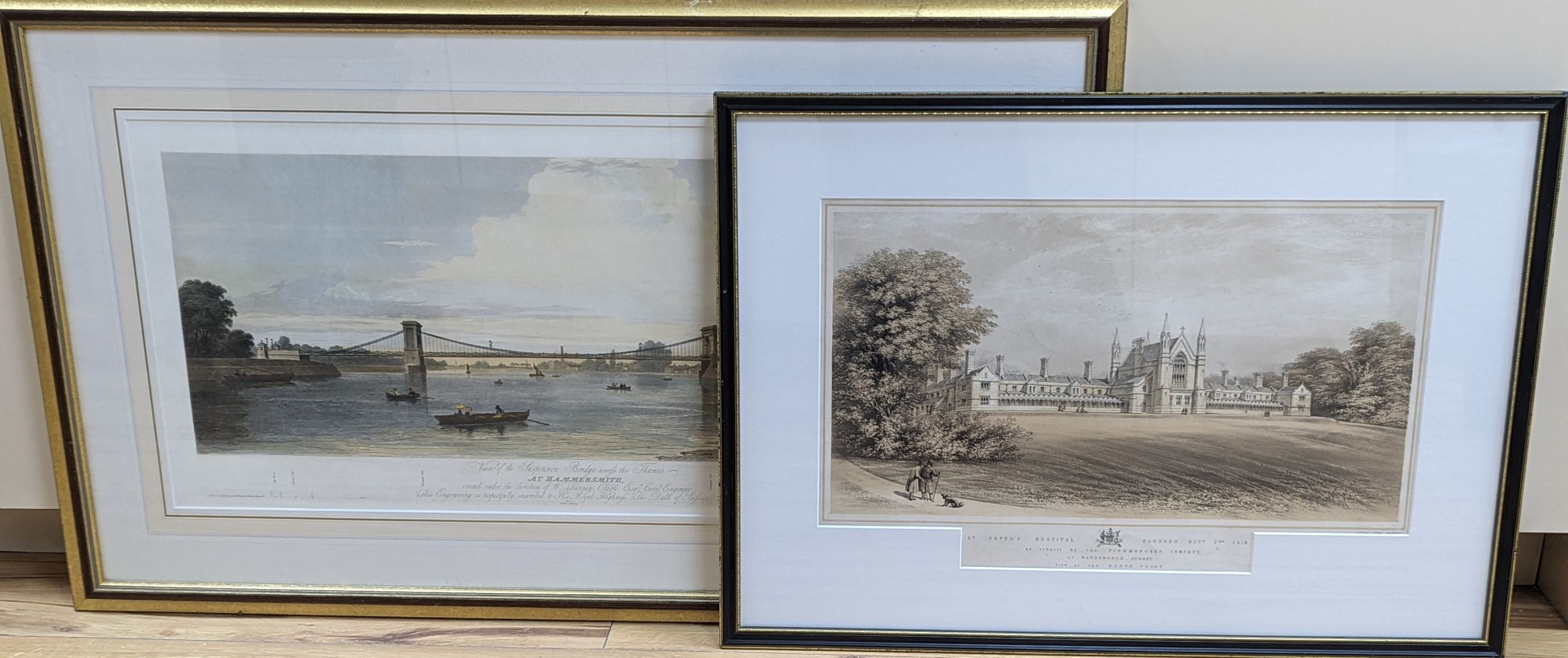 Letitia Byrne, coloured engraving, View of the Suspension Bridge across The Thames at Hammersmith, 36 x 75cm and a lithograph by Richard Sitter of St Peter's Hospital, Wandsworth, 28 x 50cm